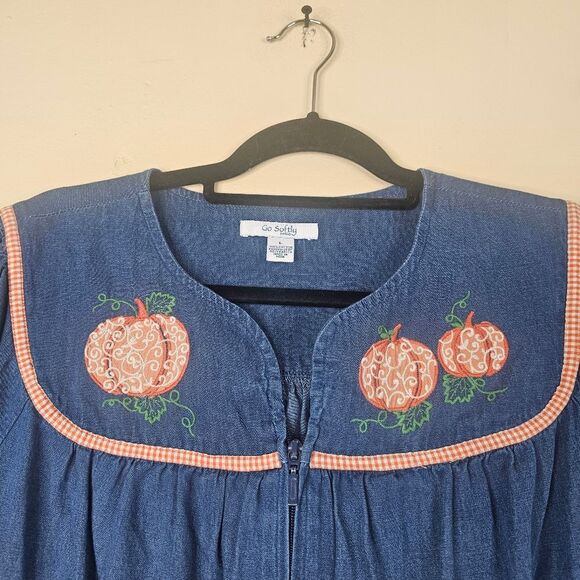 Go softly patio house dress vintage fall pumpkin denim size L cotton - Picture 4 of 5
